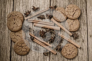 Cinnamon sticks, star anise and gingersnap cookies photo