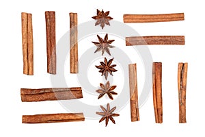 Cinnamon sticks and star anise isolated on white background. Top view