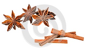 Cinnamon sticks with star anise isolated on white background wit