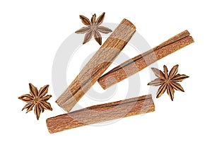 Cinnamon sticks and star anise spice isolated on white background, top view