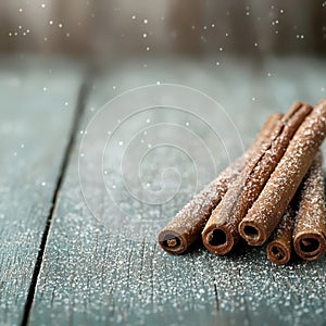 Cinnamon Sticks with Sugar Dusting on Vintage Wooden Table