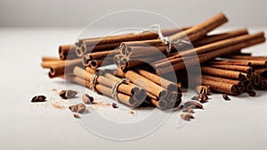 Cinnamon sticks tied with rope on a white background. Isolated