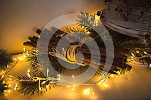 Cinnamon sticks tied with string in yellow lights garlands on Christmas tree branches and red berries. The atmosphere of the new y