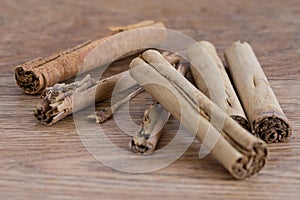 Cinnamon sticks on a wooden surface.