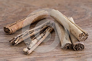 Cinnamon sticks on a wooden surface.