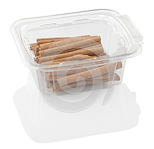 Cinnamon in a transparent plastic container