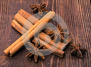 Cinnamone and anisetree on wooden table