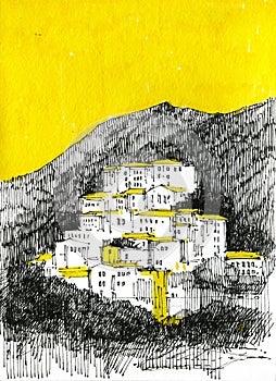 Cinque Terre hand drawn ink raster illustration