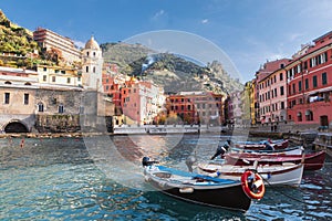 Cinque Terre, Italy - Scenic view of marina In colorful fishermen village Vernazza