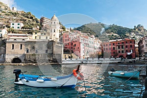 Cinque Terre, Italy - Scenic view of marina In colorful fishermen village Vernazza