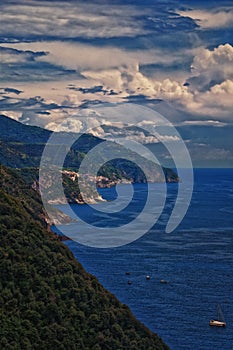 Cinque Terre Mediterranean Sea views along town hiking trail Italian Riviera coastline. Liguria, Italy, Europe.