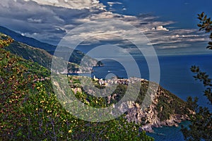 Cinque Terre Mediterranean Sea views along town hiking trail Italian Riviera coastline. Liguria, Italy, Europe.