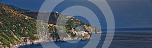 Cinque Terre Mediterranean Sea views along town hiking trail Italian Riviera coastline. Liguria, Italy, Europe.