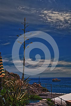 Cinque Terre Mediterranean Sea views along town hiking trail Italian Riviera coastline. Liguria, Italy, Europe.