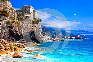 Cinque terre villages, Monterosso al mare , view with castle and sea.