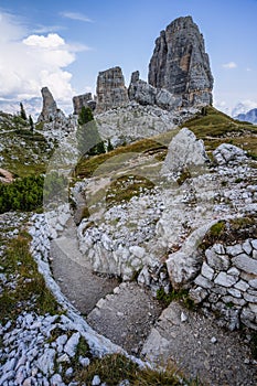 Cinque Torri in Italian Alps Dolomiti during summer season - Trenches from WW1