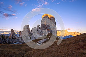 Cinque Torri rock formation under evening sun, Dolomite Alps