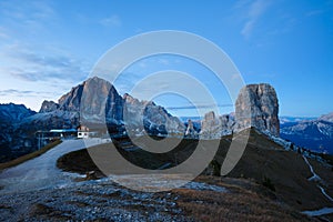 Cinque Torri rock formation under evening sun, Dolomite Alps