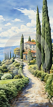 Cinquecento-inspired Landscape Art With Cypress Trees And Colorful Sidewalk Scenes
