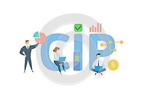 CIP, Carriage and Insurance Paid. Concept with keywords, people and icons. Flat vector illustration. Isolated on white.