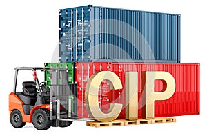CIP concept. Forklift truck with cargo containers, 3D rendering