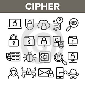 Cipher, Data Protection Linear Vector Icons Set