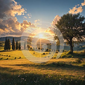 Cipressi Di San Quirico D\'Orcia at golden hour with beautiful warm light and clouds on hills italian landscape in