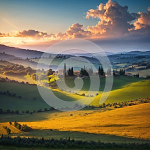 Cipressi Di San Quirico D\'Orcia at golden hour with beautiful warm light and clouds on hills italian landscape in