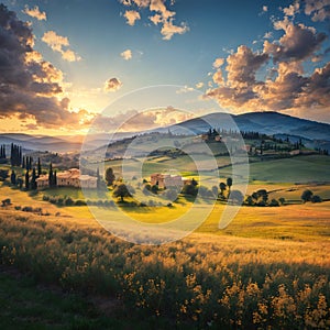 Cipressi Di San Quirico D\'Orcia at golden hour with beautiful warm light and clouds on hills italian landscape in