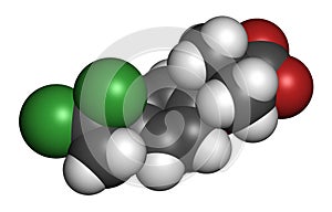 Ciprofibrate hyperlipidemia drug molecule (fibrate class). 3D rendering. Atoms are represented as spheres with conventional color photo