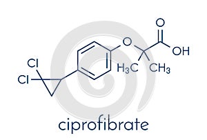 Ciprofibrate hyperlipidemia drug molecule fibrate class. Skeletal formula. photo