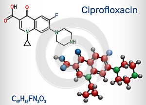 Ciprofloxacin, quinolone molecule. It is a synthetic broad spectrum fluoroquinolone antibiotic. Structural chemical formula and photo
