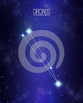 Circinus the drawing compass constellation on a starry space background. Stars relative sizes and color shades based on their