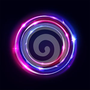 Circle abstract background, glow neon lights, round portal. Vector. Pink blue and purple glowing rings.Circular light