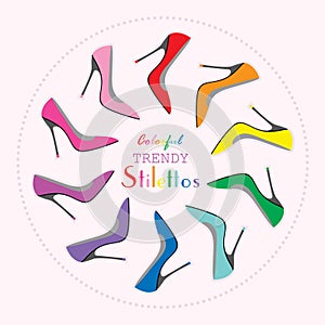 Circle arrangement of colorful stilettos high heels set