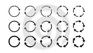 Circle arrow icons set. Round thin and thick reload, restart, recycle and repeat symbol. One, two, three, four, five