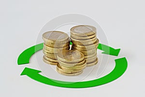 Circle arrows with euro coins stacks - Concept of finance, cash back and money circulation