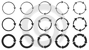 Circle arrows. Round reload or repeat icon, rotate arrow and spinning loading symbol. Circle pointer vector set