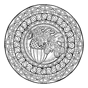 Circle autumn leaf ornament. Hand drawn art winter mandala. Made by trace from sketch.