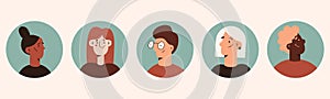 Circle the avatars with the people faces.Portraits men and women of different races.set of user profiles. Vector flat