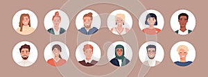 Circle avatars with young people's faces. Portraits of diverse men and women of different races. Set of user profiles