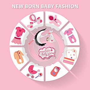 Circle baby infographic.New born baby girl toys