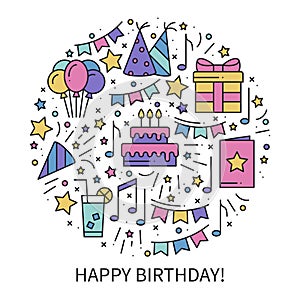 Circle with Birthday Symbols in Line Style. Basic Party Elements Concept Theme. Unique Birthday Round Print. Icons.