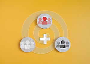 Circle board with employee icons on a yellow background shows the concept of human resource management and teamwork and