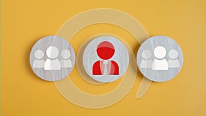 Circle board with employee icons on a yellow background shows the concept of human resource management and teamwork and