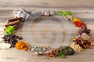 Circle border of spices and herbs