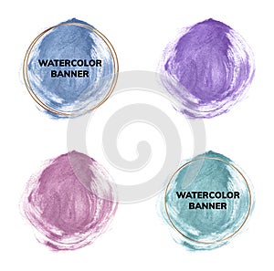 Circle brush stroke watercolor texture with gold polygonal frames. Blue, mint, pink and purple geometric shape with watercolor was