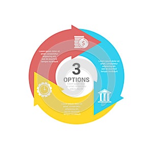 Circle business infographic template with 3 steps or options with arrows. The concept can be used for diagram, graph or chart