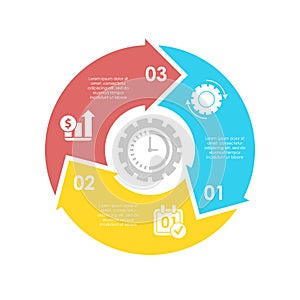 Circle business infographic template with 3 steps or options and arrows. The concept can be used for diagram, graph or chart