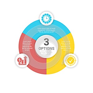 Circle business infographic template with 3 steps or options. The concept can be used for diagram, graph or chart